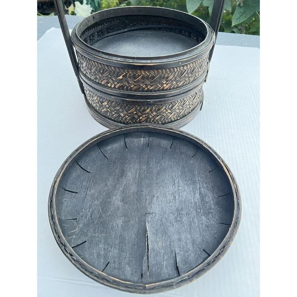 1900 Chinese 2-Tier Woven Bamboo Wedding Basket Metal Floral Medallion